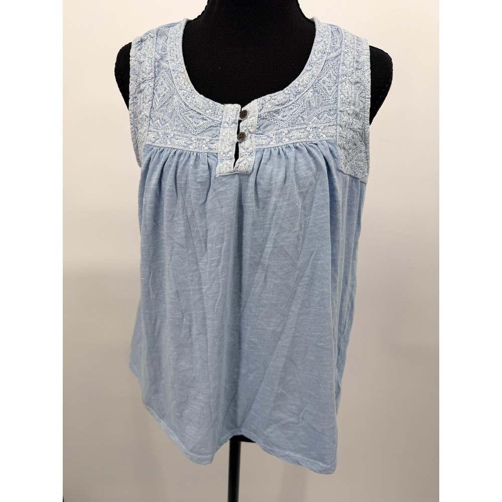 Lucky Brand Tank Top Women Medium Blue Excellent Embroidered Boho Henley Cotton